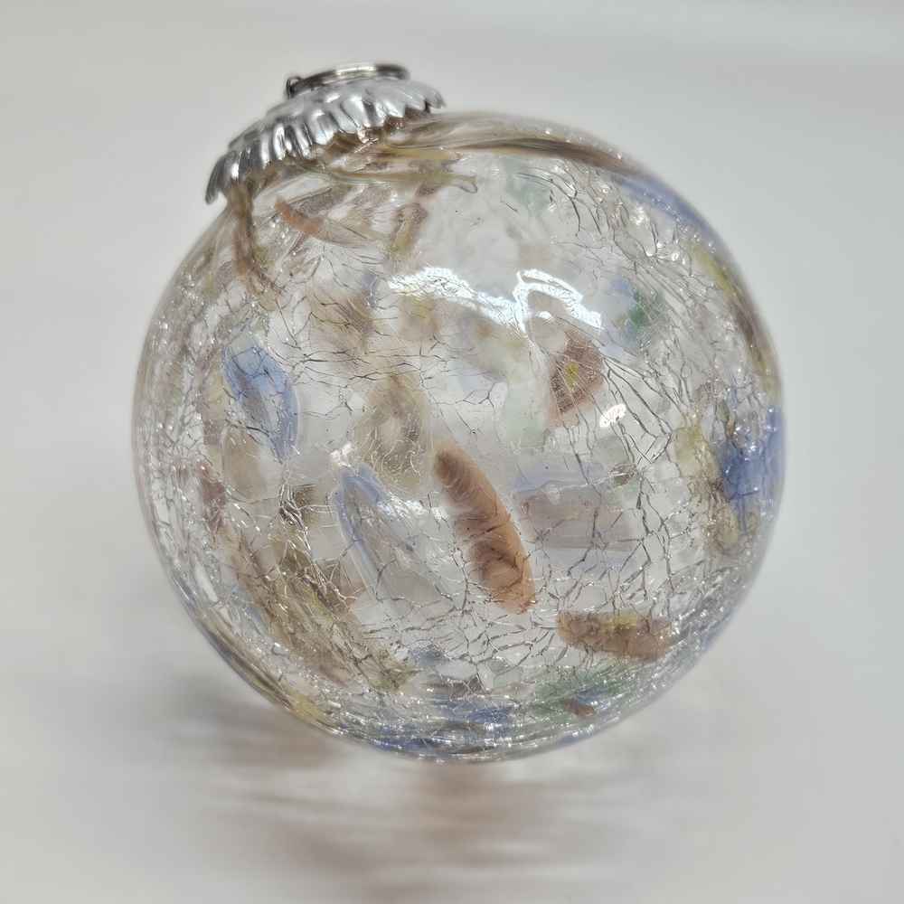 Millefiori Crackle Hand Blown Clear Glass Round Ball Holiday Ornament